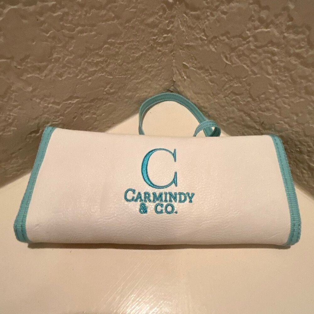 Carmindy & Co Make Up Brush Set White Teal Blue Roll Up Travel Storage Pouch New